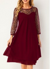 Lace Stitching Sequin Wine Red Dress