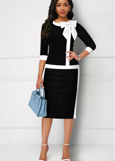 Modlily Contrast Piping Bowknot 3/4 Sleeve Dress - XL