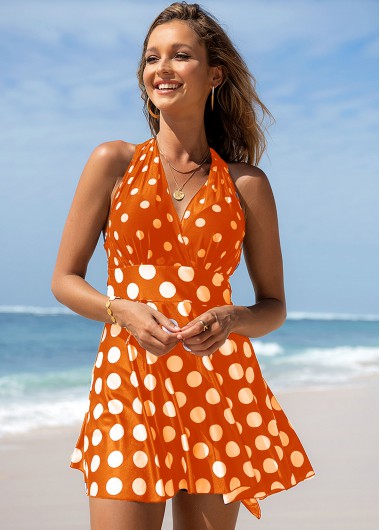 Modlily Polka Dot Cross Strap Tie Back Swimdress and Panty - M