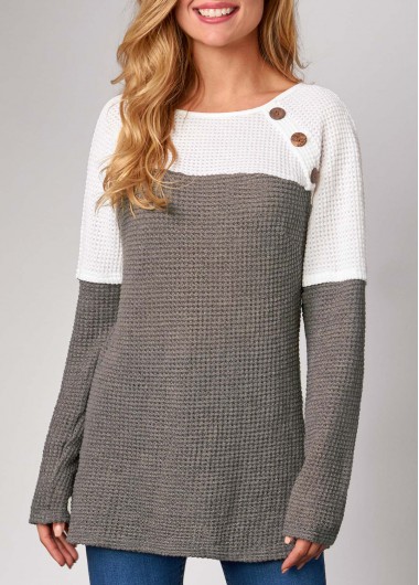Modlily Coffee Decorative Button Contrast Long Sleeve Sweatshirt - XL