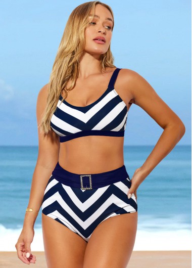 Modlily High Waisted Color Block Striped Bikini Set - M