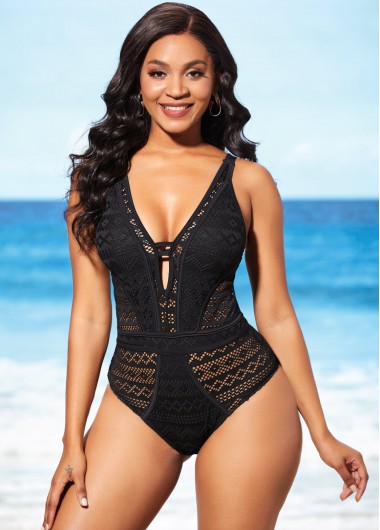 Modlily Hollow Design Tie Back Black One Piece Swimwear - XXL