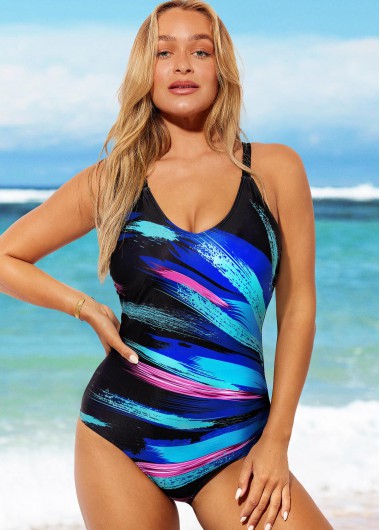 Modlily Blue Radial Geometric Print One Piece Swimwear - M
