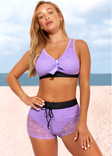 Modlily Lace Patchwork High Waisted Light Purple Bikini Set - XL