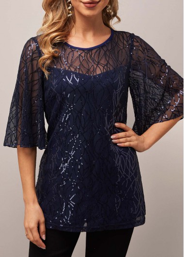 Modlily Mesh Stitching Navy Blue Sequin 3/4 Sleeve Blouse - M