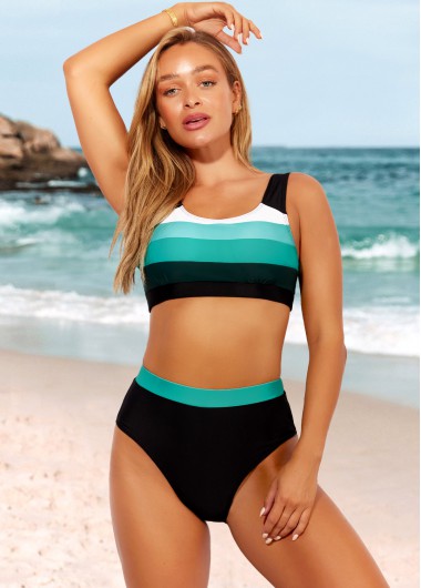 Modlily High Waisted Ombre Stripe Print Cyan Bikini Set - S