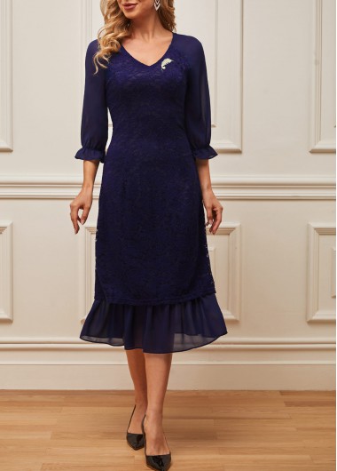 Modlily Lace Patchwork V Neck Navy Blue Dress - S