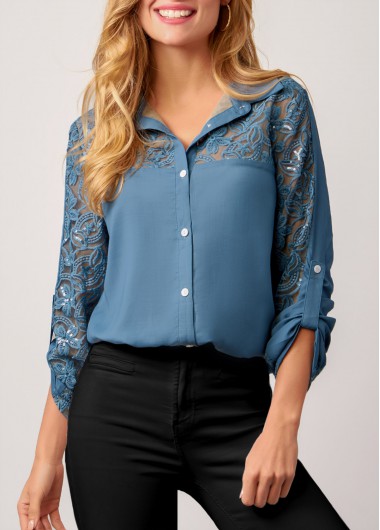 Modlily Mesh Stitching Sequin Embroidered Denim Blue Blouse - XL