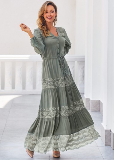 Modlily Sage Green Lace Stitching Drawstring Waist Dress - XXL
