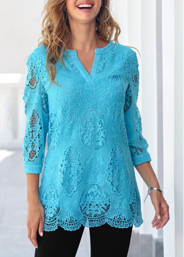 Modlily Sky Blue Split Neck 3/4 Sleeve Lace Blouse - L