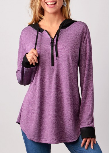 Modlily Zipper Detail Drawstring Purple Long Sleeve Hoodie - 3XL