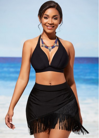 Modlily Black Tassel Halter Mid Waist Bikini Set - L