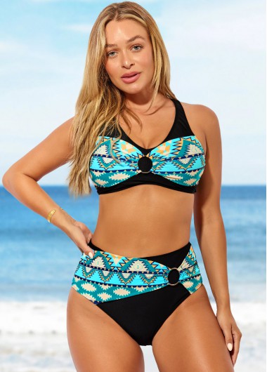 Modlily Tribal Print High Waisted Black Cross Strap Bikini Set - XXL
