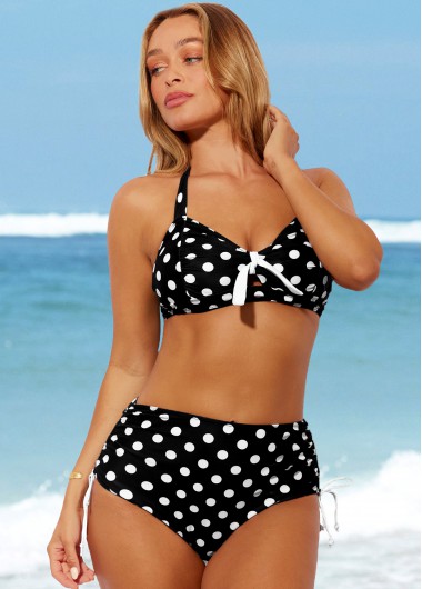 Modlily Polka Dot Black High Waisted Halter Bikini Set - XL