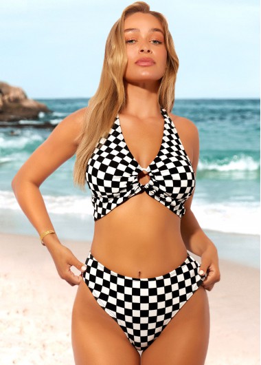 Modlily Color Block High Waisted Checkered Print Bikini Set - XXL