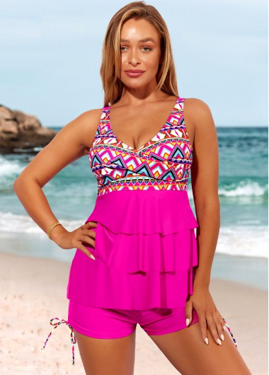 Modlily Layered Ruffle Hem Rose Red Geometric Print Tankini Set - L