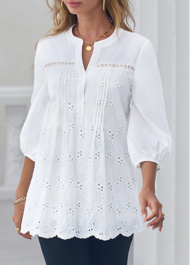 Modlily Embroidered Hollow Out Split Neck White Blouse - S