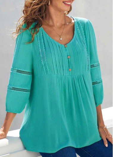 Modlily Lace Trim V Neck 3/4 Sleeve Cyan Blouse - S