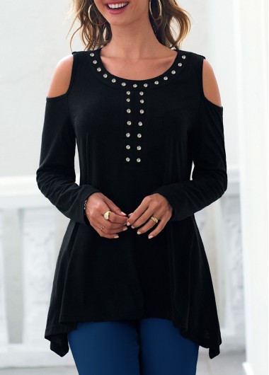 Modlily Cold Shoulder Rhinestone Black Asymmetric Hem T Shirt - M