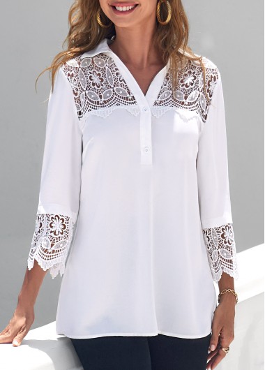 Lace Patchwork Turndown Collar White 3/4 Sleeve Blouse | modlily.com ...
