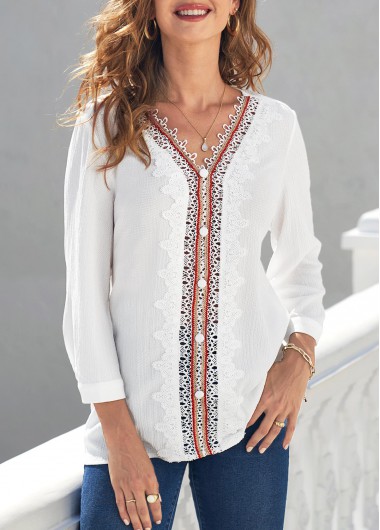 Modlily Lace Stitching White 3/4 Sleeve Blouse - L