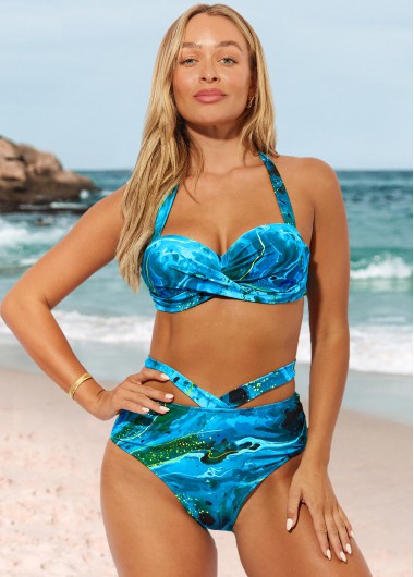 Modlily Marble Print Cyan High Waist Halter Bikini Set - XXL