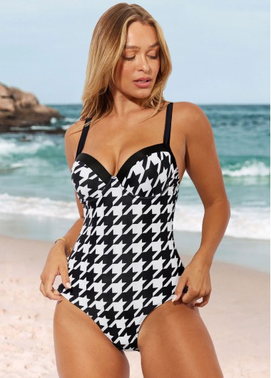 Modlily Houndstooth Print Push Up Cup One Piece Swimwear - XXL