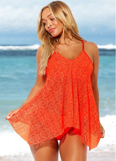 Modlily Texture Knitted Fabric Orange Swimdress and Panty - M