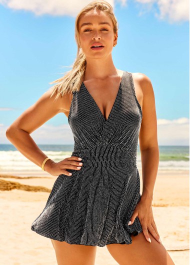 Modlily Black Shining Cross Strap Swimdress Top - L