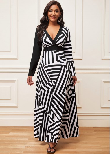 Modlily Black Geometric Print Long Sleeve Maxi Dress - L
