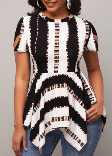 Modlily Asymmetric Hem Striped Color Block Blouse - XXL