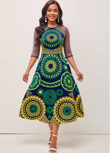 Modlily Geometric Print 3/4 Sleeve Mesh Stitching Dress - M