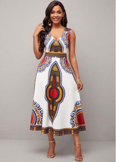 Modlily Dashiki Print V Neck Sleeveless White Dress - XXL