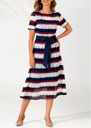 Modlily Lace Panel Striped Belted Color Block Dress - M
