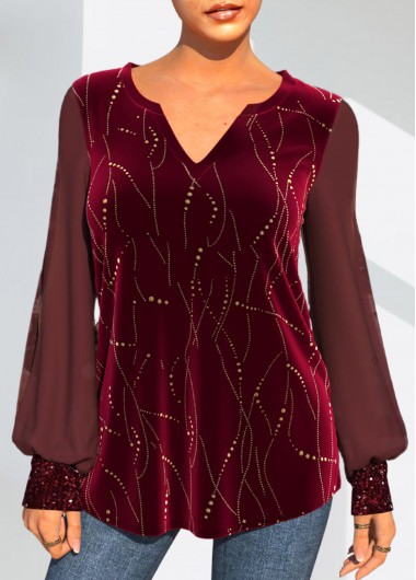 Modlily Christmas Design Velvet Stitching Wine Red T Shirt - M