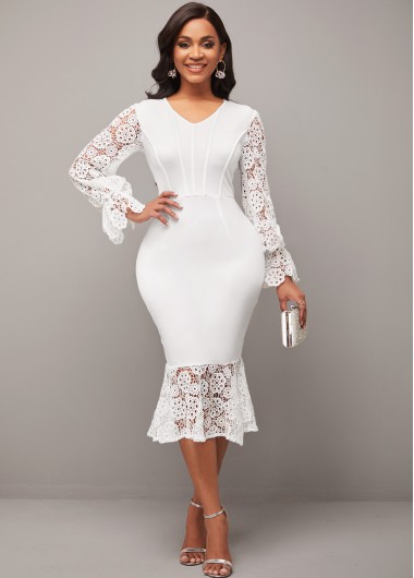 Modlily Lace Stitching V Neck White Mermaid Dress - M