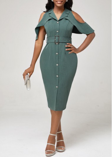 Modlily Cold Shoulder Blackish Green Flounce Dress - M