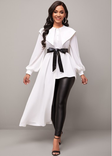 Modlily Asymmetric Hem Chiffon Panel Peter Pan Collar White Blouse - XXL