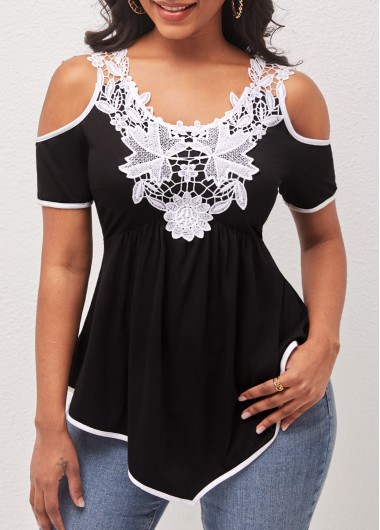 Modlily Lace Patchwork Black Cold Shoulder T Shirt - XXL