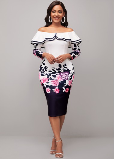 Modlily Off Shoulder Floral Print Flounce White Dress - M