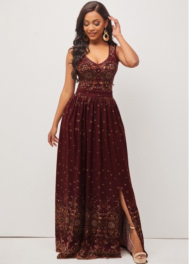 Modlily Side Slit Wine Red Sleeveless Dress - L