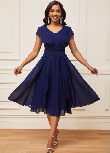 Modlily Chiffon Navy Blue Short Sleeve V Neck Dress - L