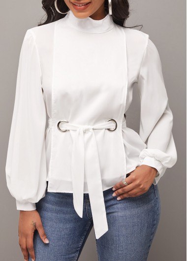 Modlily Mock Neck White Long Sleeve Belted Blouse - XL