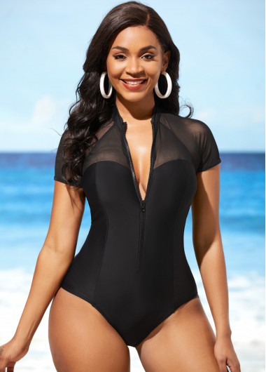 Modlily Black Mesh Stitching Cutout One Piece Swimwear - XXL