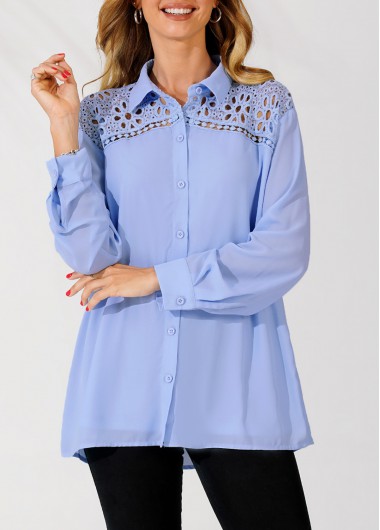 Modlily Lace Trim Turndown Collar Blue Long Sleeve Blouse - XL
