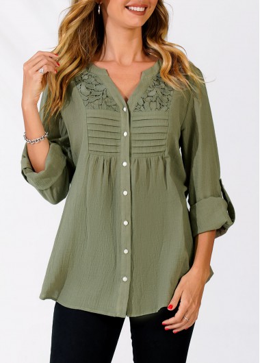 Modlily Sage Green Split Neck Lace Panel Blouse - L