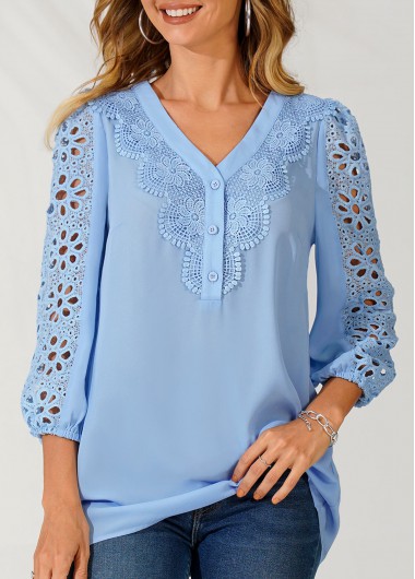 Modlily V Neck Sky Blue Lace Stitching Blouse - L