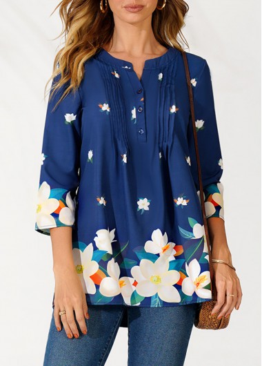 Modlily Floral Print Navy Blue Split Neck Blouse - L