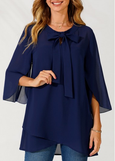 Modlily Crossover Hem Navy Blue Bowknot Blouse - XXL