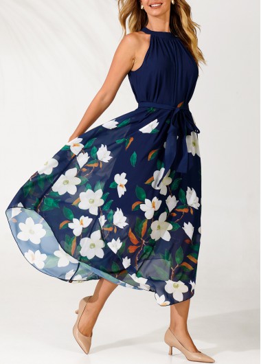 Modlily Floral Print Navy Blue Bib Neck Belted Dress - XL
